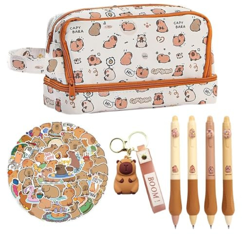 CYGMRFH Capybara Mit Großer Kapazität, 56pcs Capybara Sachen Federmäppchen, Capybara-Aufkleber, Schlüsselanhänger, Stylo Neutre Capipala, Anwendbar Süßes Schreibwaren Geschenkset für Kinder