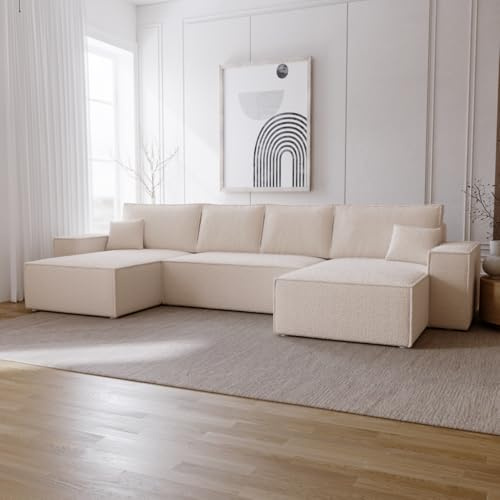 Emporius Bergamo U Ecksofa mit Bettkasten - Schlafsofa U-Form, Bettkasten, Boucle, Schlaffunktion - Eckcouch 377 cm Beige (Anthology 3)
