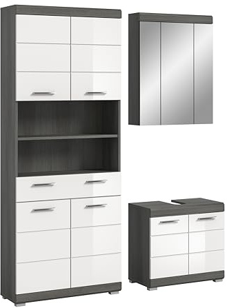 xonox.home – Badkombination Scout 149x191x34 cm in Rauchsilber Nachbildung und weiß Hochglanz – Stilvolles Komplettset fürs Bad – harmonisch, funktional & geradlinig im Design