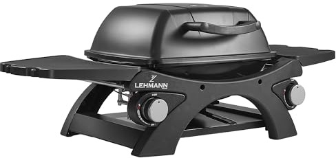 LEHMANN Gasgrill, Tragbarer Tischgasgrill mit 2 Brenner, Thermometer & Seitentischen klappbar, Gusseisen Grillrost mit 1638 cm² Grillfläche, Tischgrill für Outdoor BBQ, Balkon- & Campinggrill