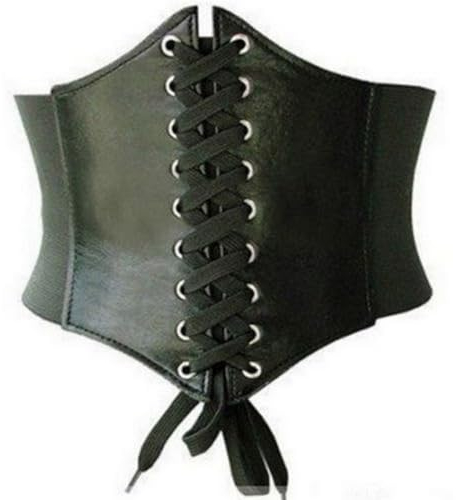 Waist Cincher Corset Wide Band Elastic Tied Waspie Belt Leather Black
