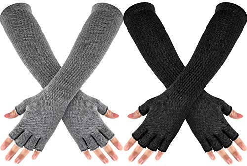 2 Pairs Winter Fingerless Gloves Long Thermal Knitted Mittens Stretchy Arm Warmers Half Finger Gloves for Men Women, 11 Inch (Black, Light Gray)