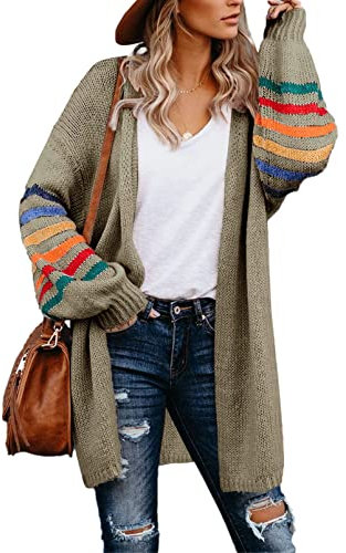AlvaQ Women's Cardigans Long Sleeve Open Front Rainbow Striped Color Block Loose Casual Womens Oversized Cardigan Ladies Long Lightweight Knit Outwear Coat Jacket Sweaters Khaki 2XL UK 20 22