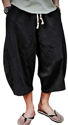 EKLENTSON Mens Linen Shorts Cotton Capri Pants Elastic Waist Pants Black 34