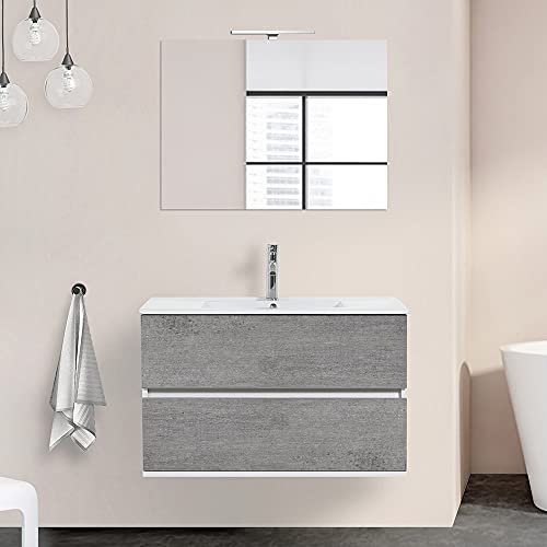 Inbagno Mobile Bagno sospeso con lavabo in Ceramica e Specchio, cassetti e Ante a Chiusura rallentata, 3 colorazioni Disponibili (90 cm 2 cassetti, Grigio Cemento)