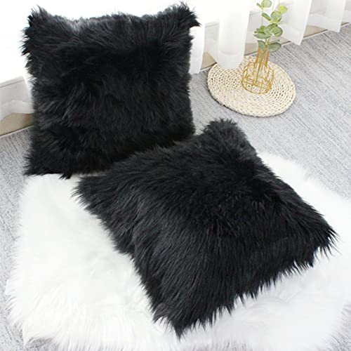 OYIMUA 2 Pcs Weicher Zierkissenbezüge Deko Kissen Schaffell Lammfell Kunstfell Langhaar Zierkissen Kissenbezug Fellimitat Sofakissen Cuddly Kissen (Schwarz, 50 x 50 cm)
