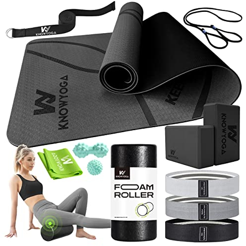 Yogamatten-Set 12-in-1 – Yoga-Starter-Set beinhaltet Yogamatte, Schaumstoffrolle, 4 Widerstandsbänder, Yoga-Blöcke, 2 Packungen mit Gurt, Frauen und Herren (Beginner, Fehler)