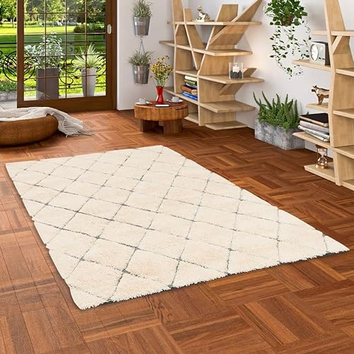Pergamon Natur Teppich Shaggy Wolle Linea Wollweiss Rauten in 7 Größen