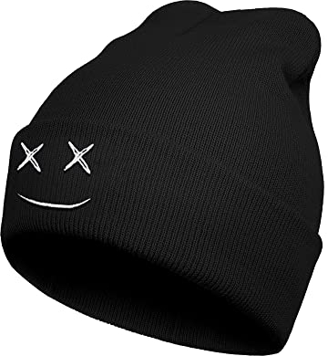 Murextc Bestickte Beanie-Mützen mit Smiley-Gesicht für Männer und Frauen, gestrickt, mit Bündchen, Winter, warm, Schwarz, schwarz 2, Einheitsgröße