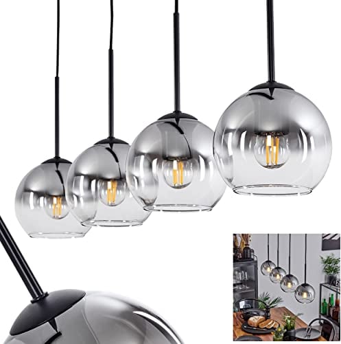 Hängeleuchte Koyoto, Hängelampe aus Metall/Glas in Schwarz/Rauchfarben/Klar, Leuchte 4-flammig im Vintage/Retro Design mit Schirmen aus Glas (Ø 15 cm), Höhe max. 147,5 cm, 4 x E27, ohne Leuchtmittel