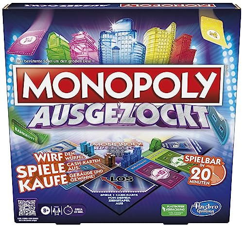 Monopoly Ausgezockt Brettspiel, schnelles Monopoly Familien-Spiel für 2–4 Spieler, Spieldauer ca. 20 Min.