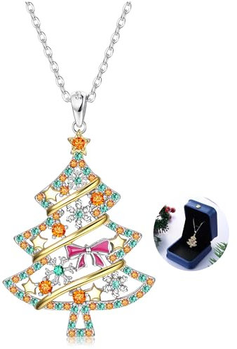 CASSIECA 925 Sterling Silver Christmas Necklace for Women Girls Christmas Tree Pendant Necklace Snowflake Star CZ Crystal Christmas Jewellery with Box