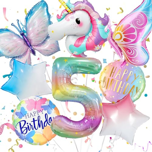 Konoz Einhorn Geburtstagsdeko 5 Jahre Mädchen, 5. geburtstag mädchen, Einhorn Luftballon 5 Jahre, Einhorn Deko Kindergeburtstag, Deko 5. Geburtstag, Folienballon 5 und Schmetterling Deko Geburtstag