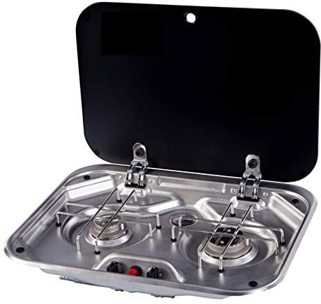 PACUM Wohnmobil-Zubehör 2 Burner Gasherdherd Mit Glasdeckel 480 * 370 * 50mm 2 * 1.3 5kw Gr-587 Bootskarawane RV Camper-RV-Zubehör-RV-Kocher-Klappdeckel für Wohnmobile
