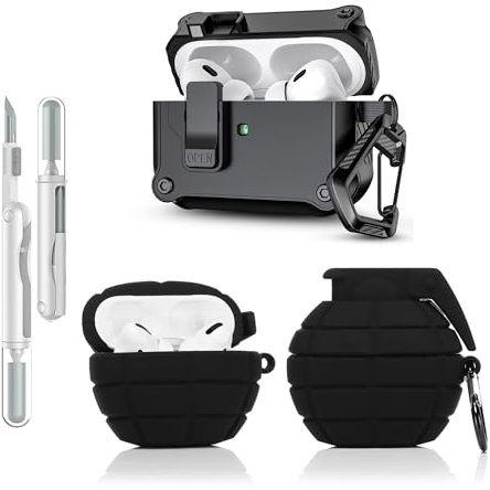 LEWOTE Funda protectora 3 en 1 compatible con Apple Airpods Pro (2ª/1ª generación) con kit de limpieza y llavero (granada negra)