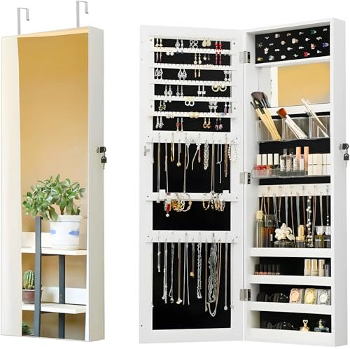 Avilia Specchio Portagioie da Parete 110x37x10 cm – Armadio Portagioielli Salvaspazio in MDF Robusto con Chiusura a Chiave – Montaggio su Porta o Parete, Organizer Gioielli e Accessori