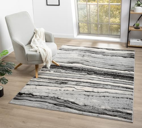 Obsidian Abstract Traditional Low Pile Modern Area Rug, Grey, 160x230cm