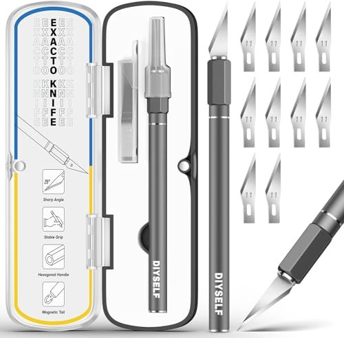 DIYSELF 12-teiliges Bastelmesser Skalpell Set mit 10 Skalpell Klingen, Grau | Präzisionsmesser und Hobby Knife für Basteln, Scrapbooking, Papier, Folie, Leder und Modellbau; mit Etui und Magnet-Endstück