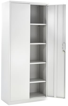 Metal Storage Cabinet with Lock, 2 Door Lockable Office Storage Cupboard, Tall Grey Unit 4 Adjustable Shelves, 180cm Office Cabinet, for Warehouse, Workshop, Garage Tool Cabinet (White, 180H x 80W)