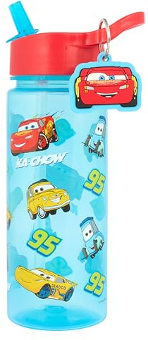 Disney Cars Water Bottle with Straw, Blue, 500ml, Polypropylene, Lightning McQueen Theme with Keyring Charm