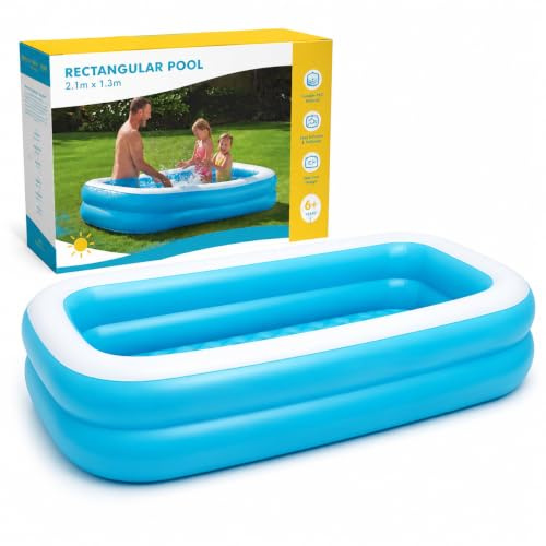 Giant Blue Rectangular Inflatable Swimming Pool – 132 x 211 x 46 cm | Large Family Garden Pool | 420L Capacity | Drain Plug & Fill Valve | Outdoor Summer Pool | Age 6+ | Adults & Kids