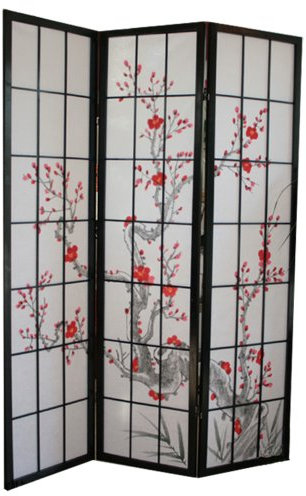 Paravent japonais fleur de cerisier en bois noir de 3 pans, L132 x H175 x P2 cm -PEGANE-
