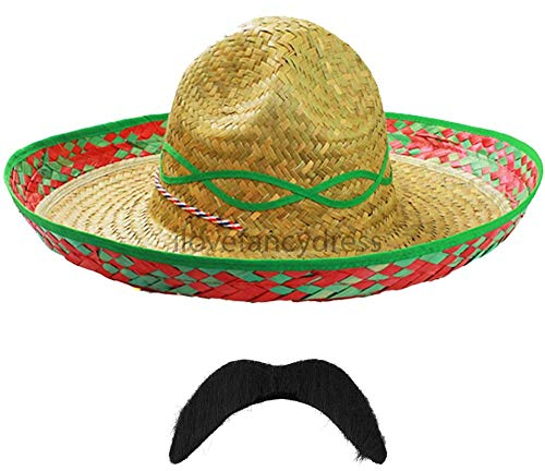 Lot de 6 sombrero mexicain vert de luxe pour femme - Chapeau de paille sauvage + fausse moustache - Accessoire de vacances idéal pour enterrement de vie de jeune fille, fête à la plage, été