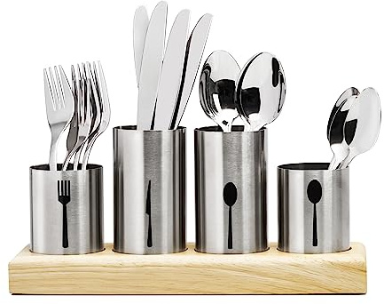 Sorbus Utensil Holder,Upright Silverware Holder with Caddy for Spoons, Knives and Forks, Entertaining,Stainless Steel Cutlery Organizer with Bamboo Wood Base