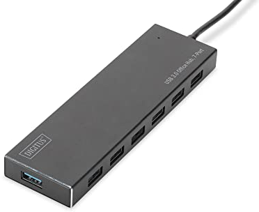 DIGITUS DA-70241-1 – USB Hub – 7-Port USB 3.2 Gen 1 Hub Typ A – Superspeed Datenübertragung bis 5 Gbit/s – Kompakt & tragbar – Plug-and-Play – Für PC, Notebook & Mac – Schwarz