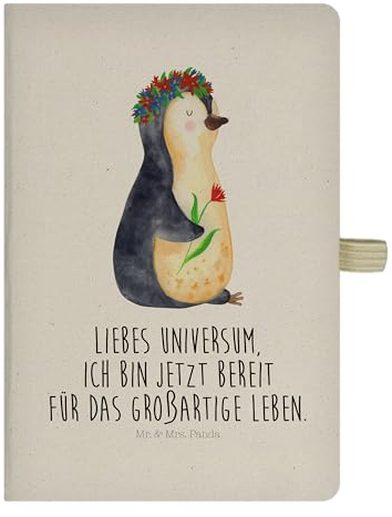 Mr. & Mrs. Panda DIN A4 Baumwoll Notizbuch Pinguin Blumen - Geschenk, Leben, Blumenkranz, Schreibheft, Geschenkidee, Tagebuch, Wünsche, Eintragebuch,