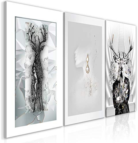 decomonkey Bilder Hirsch 60x30 cm 3 Teilig Wandbild Groß Leinwandbild XXL Deko Wohnzimmer Schlafzimmer Büro Wanddeko Leinwand Pictures For Wall Poster Wall Painting Abstrakt silber schwarz weiß