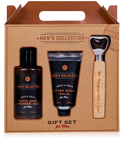Accentra Geschenkset MEN'S COLLECTION in Geschenkbox aus Kraftpapier mit Griff, inkl. 140ml Badegel und Duschgel, 60ml After Shave Balsam und Flaschenöffner mit Holzgriff, Duft: Birke & Zeder