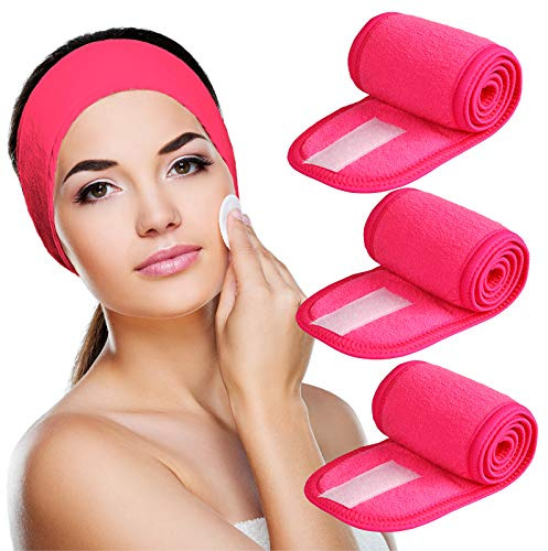 Serre-tête de spa visage 3 points réglable avec ruban magique pour maquillage et sport (rose rouge)