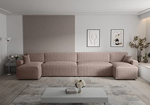 3E 3xE living.com Ecksofa Alvito 2xU BIS, Farbe: Hellbraun. Material: Kord. A: B: 424 cm, H: 85 cm, Tiefe: 105 cm, Eckcouch, Schlafcouch, Sofa Bed, Schlafsofa