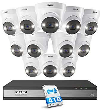 ZOSI PoE Überwachungskamera Set Aussen, 12X 5MP PoE Dome Kamera Überwachung | mit 2 Wege Audio, 16CH 4K NVR mit 4TB HDD, Personenerkennung, Farb Nachtsicht