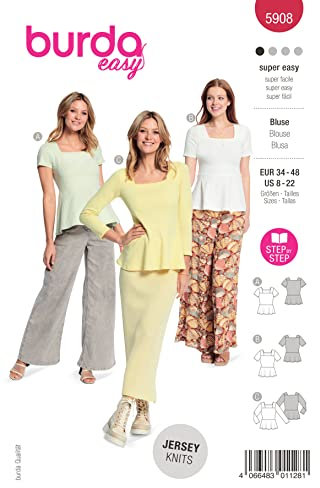 burdastyle Schnittmuster 5908 | Blusen mit eckigem Ausschnitt zum selber nähen | Damen, Gr. 34-48 | Nählevel: sehr leicht