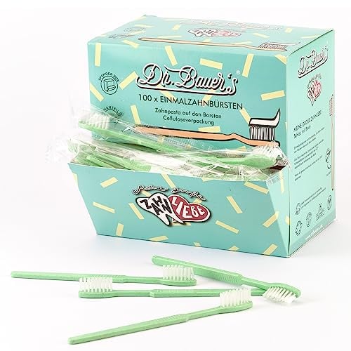 Dr. Bauer's Einmalzahnbürsten mit Zahnpasta - 100er Pack - Nachhaltige Einwegzahnbürste Ideal für Reisen, Zahnärzte, Hotels - umweltfreundlich mit Strohanteil in praktischer Spenderbox (grün)