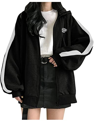 Damen Kapuzenjacke Y2k Jacke Damen Langarm Oversize Sweatjacke Hooded Full Zip Sportjacke Hoodie Frühling Gothic Skellet Drucken Kapuzenpulli Streetwear Y2K Sweatshirt Sweatjacke Schwarz XL