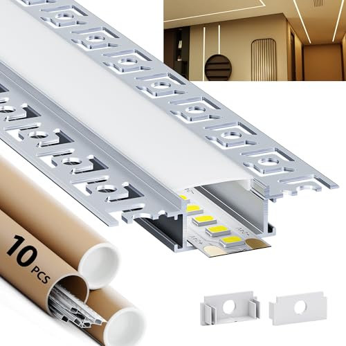 HOOLED Profilé led pour bandes LED 1 m x 10 pièces, Avec couvercle PC opaque mat, Profile led Tailles 28 mm (ailettes 64,2mm) x H10mm supporte les bandes LED d'une largeur inférieure ou égale à 20,2mm
