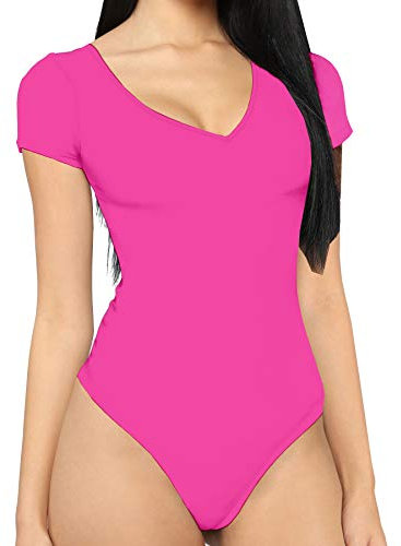 MANGDIUP bodysuit for women Short Sleeve V-Neck Casual Stretchy Basic T Shirt Bodysuit, Rose Red, X-Large