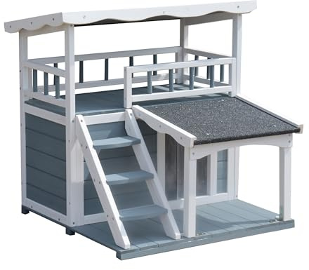 Dehner Lieblinge Katzenhaus Maison, Katzenhöhle Outdoor, Hütte für Katzen, robust, ca. 78 x 75 x 73 cm, Tannenholz, grau/weiß