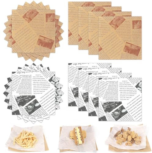 GXFCING 100 Fogli Carta Alimentare, 15 x 15cm Carta Oleata per Alimenti, Modello di Giornale, Resistente All'acqua e All'olio, Ideale per Sandwich, Formaggio, Hamburger, Fritte Cibo (6x6 Pollice)