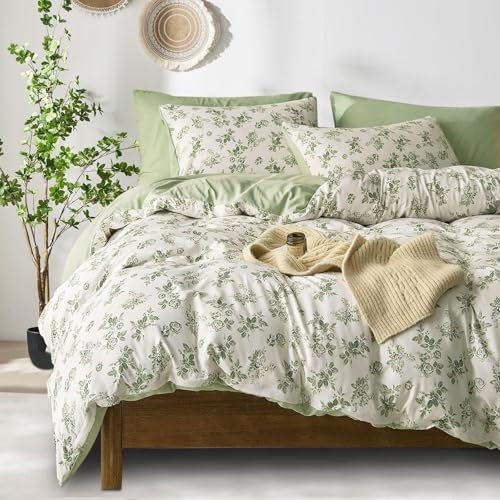 Tospass Housse de Couette 140x200cm Beige Vert Floral Fleurs Feuilles Parure de Lit 1 Personne Ado avec Fermeture Éclair Housse Couette en Microfibre avec 1 Taie d'oreiller 65x65cm
