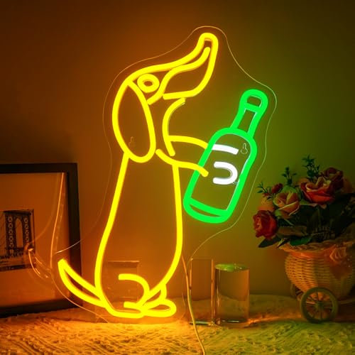 Ineonlife Dackel Getränk Neon Schild für Wanddekoration, Dimmbar Bunt Hund Wein Led Schilder USB Leuchtschild für Zuhause Tierhandlung Hund Thema Party Dekor Tierisches Geschenk für Hundeliebhaber