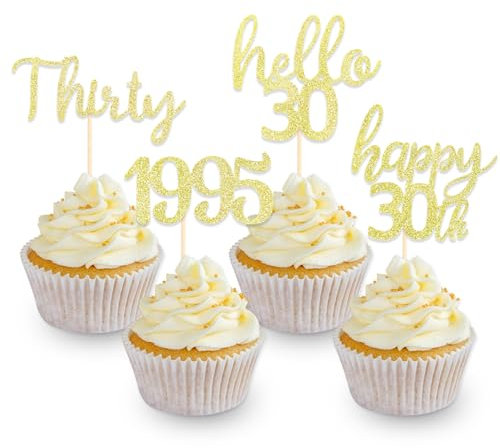 DazzJoy 24 Stk Glitzer Tortendeko 30 Geburtstag Frau Mann,Gold Cupcake Topper 30 Geburtstag Frauen Deko,Cake Topper 30. Geburtstag,Muffin Deko 30 Geburtstag,Happy 30th Birthday Kuchendeko,Hello 30