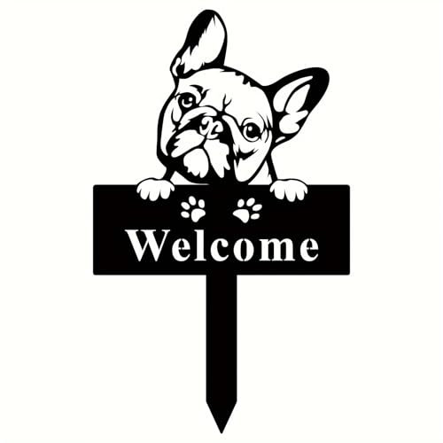 Metal WELCOME Yard Sign Front Yard Stakes French Bulldog Garden Stake 33CM Height Waterproof Decorative Black Stake Lawn Garden Sturdy Art Decor for Outdoor