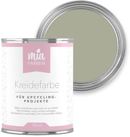 miafarben Kreidefarbe für Möbel 750ml, Möbellack, Möbelfarbe ohne schleifen, Kreidefarbe für Holz (Zarter Olivenflair)
