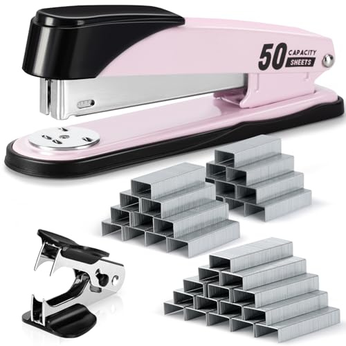 Deli Stapler Heavy Duty, Full Strip Staplers for Desk with 2000 Staples and Staple Remover, 50 Sheet Capacity, No Jam, Non-Slip Office Stapler with Staples for Office, Classroom, Pink