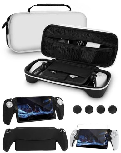 8 en 1 Kit D'accessoires Compatible avec PS5, Pochette Portable avec Housse Protection En Silicone Compatible avec Playstation Portal , Protecteur D'écran Avec 4 Thumb Grips, Noir & Blanc