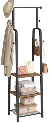 MAHANCRIS Garderobenständer mit Kleiderstange, freistehender Kleiderständer mit 3 Ablagen und 8 Haken, für Mäntel, Taschen, für Eingangsbereich und Schlafzimmer, Schwarz und Vintagebraun ACRHR14901